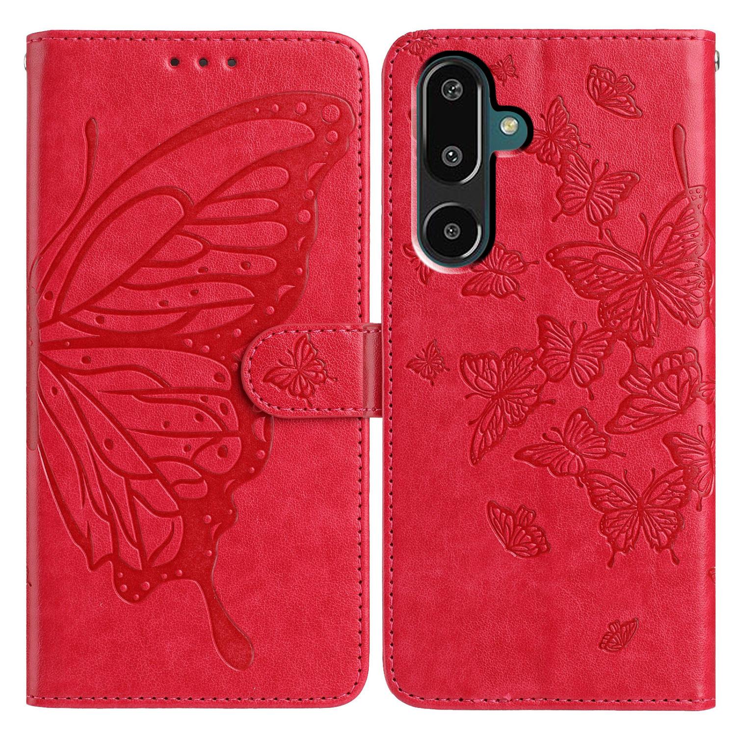 

For Samsung Galaxy M16 5G/F16 5G Case Butterfly Imprinted Wallet Stand PU Leather Flip Phone Cover with Strap Red