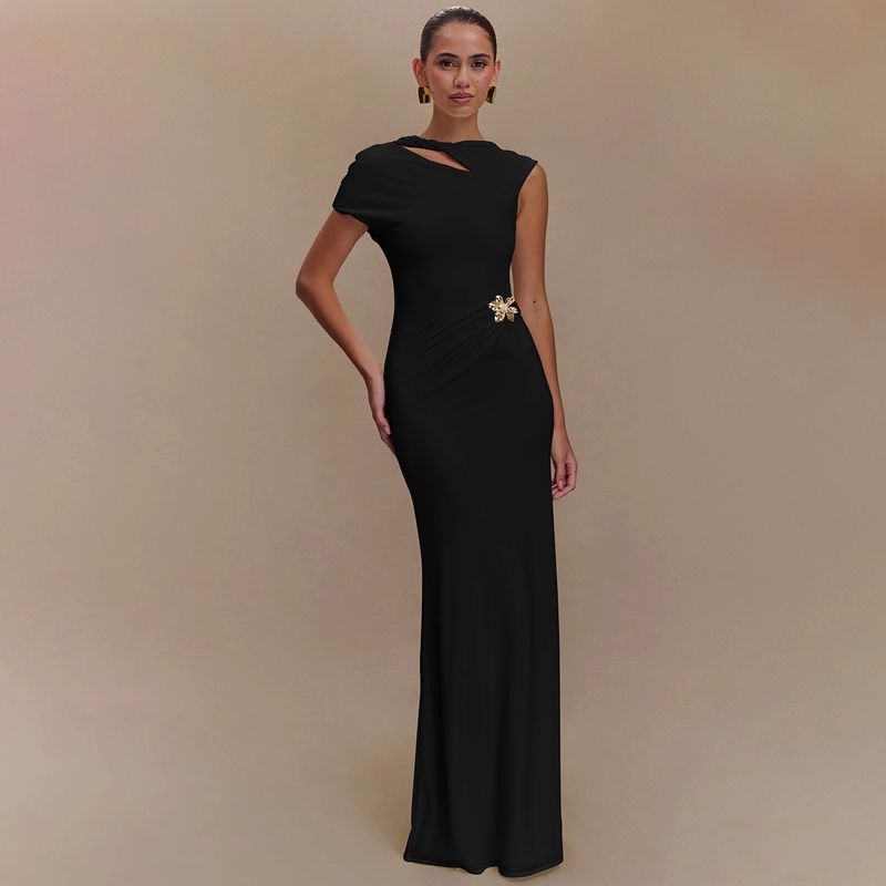 European and American High Sense Solid Sloping Shoulder Short Sleeve Dress 2025 Summer New Pleat Slimming Socialite Fishtail Long Dress