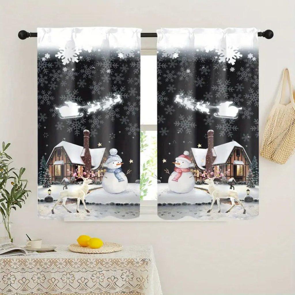 Charming Snowman Christmas Curtain Set Print Semi-Sheer Curtain Panels - 2Piece Rod Pocket Window Drapes for Bedroom
