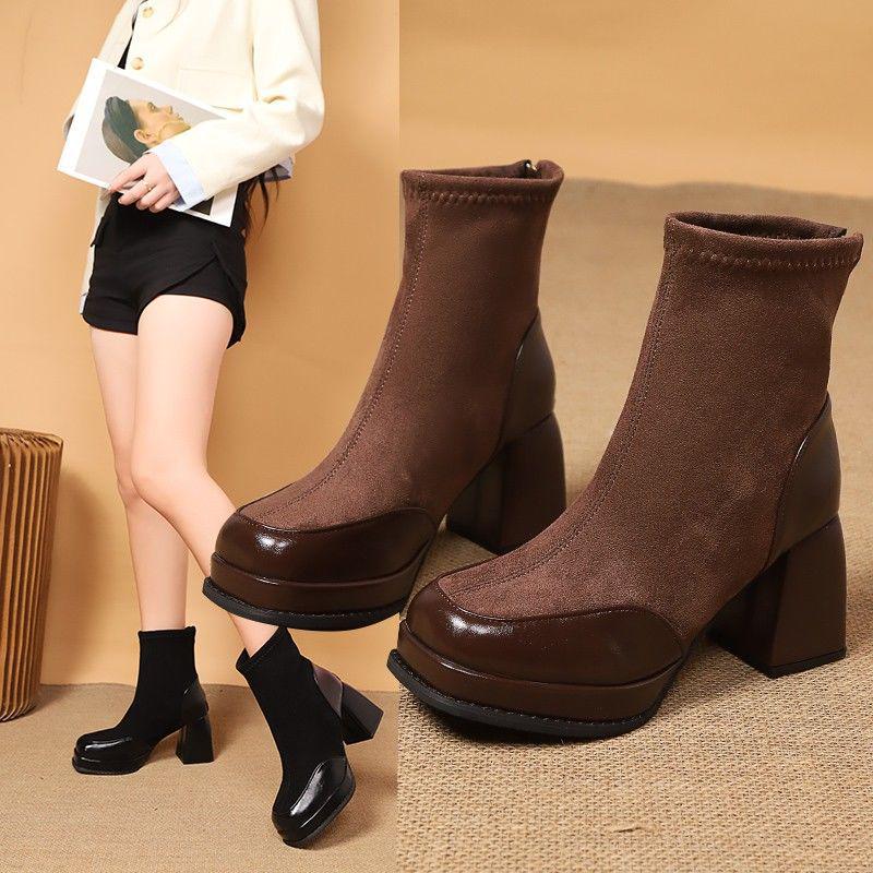 

2025 Шикарные туфли на высоком каблуке с квадратным носком и массивным каблуком для женщин – Маленькие осенне-зимние короткие ботинки Size 40