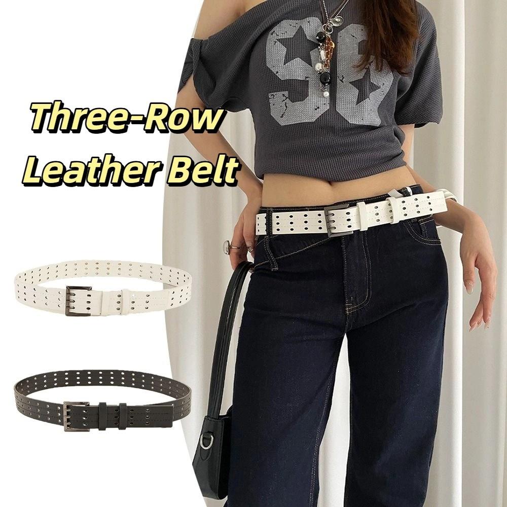 Versatile Leather Waistband Vintage Women's Dress Jeans Belt Niche Three-Row Wide Belt  Spicy Girls