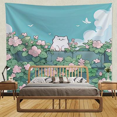 Bohemian Cartoon Cat Flowers Tapestry Wall Hanging Polyester Fabric Art for Bedroom Living Room Dorm Home Decor Gift