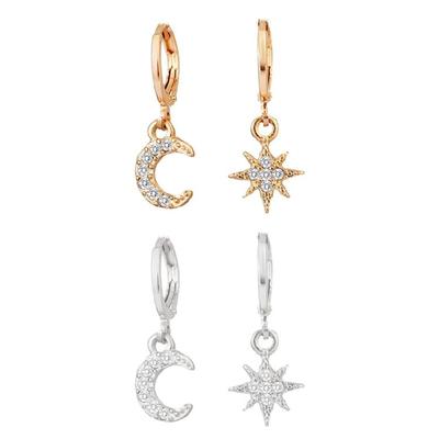 Cubic Zirconia Star Moon Earrings Allergy Proof Asymmetric Hoops Evening Party Jewelry For Women In Three Color Options