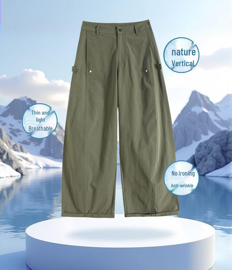 Women's American Style Green Wide-Leg Workwear Pants - Summer Loose Fit, Thin, Floor-Length, Casual 2026.