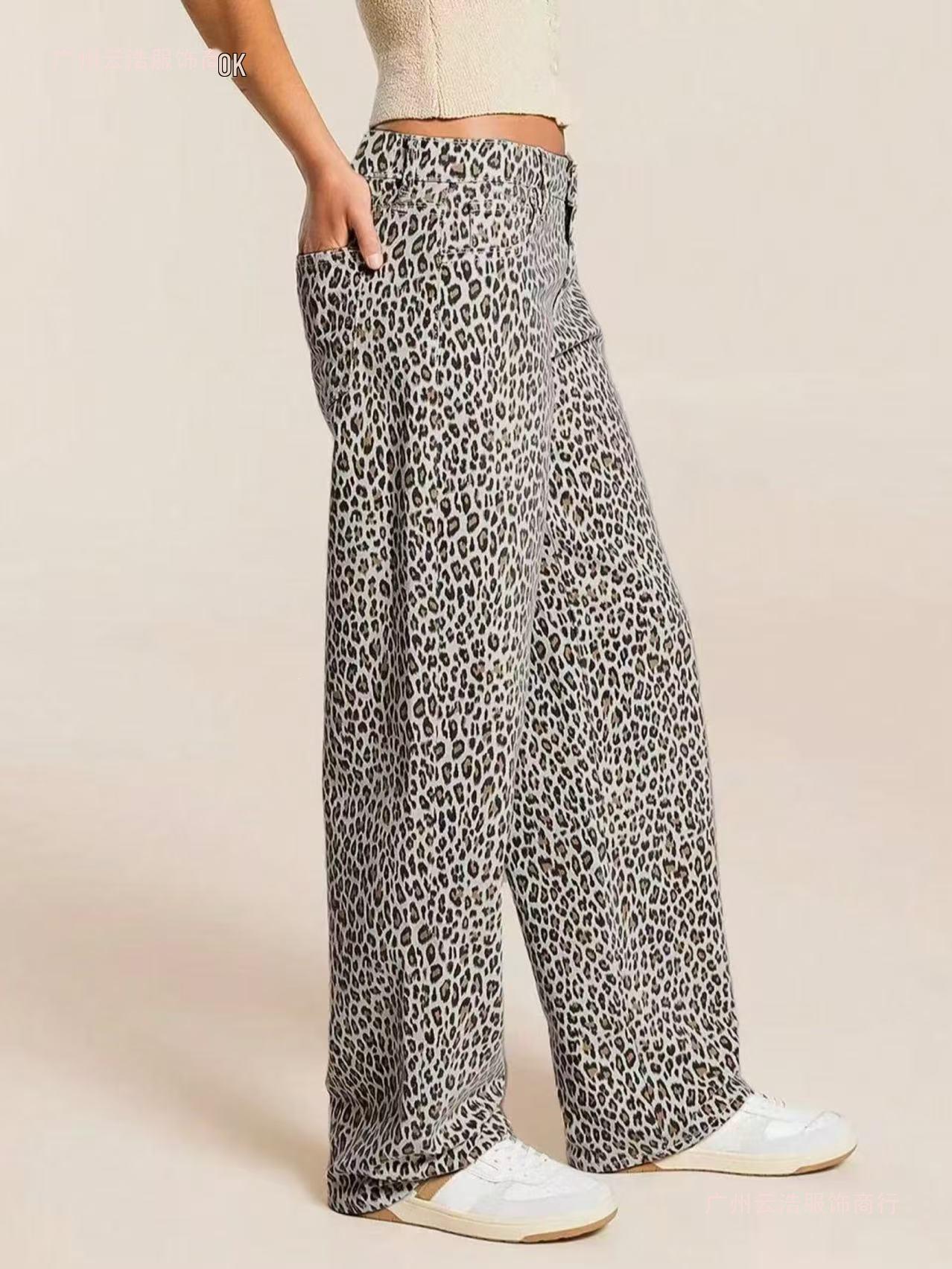 Trendy Leopard Print Straight-Leg Pants for Women Large