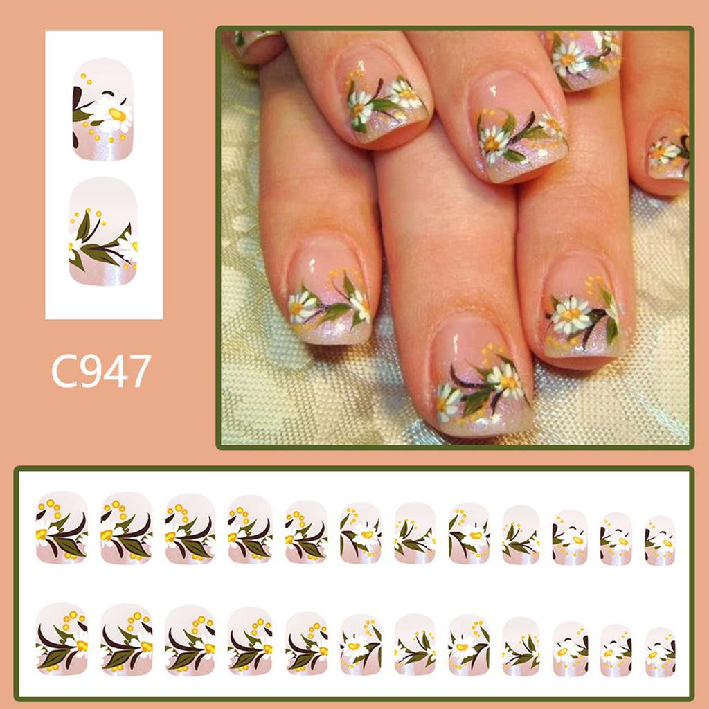 24 Stück French Tip Aufdrücknägel Kurz Quadratisch Falsche Nägel Blumen Acrylnagel Glitzernd Vollabdeckung Aufklebenagel