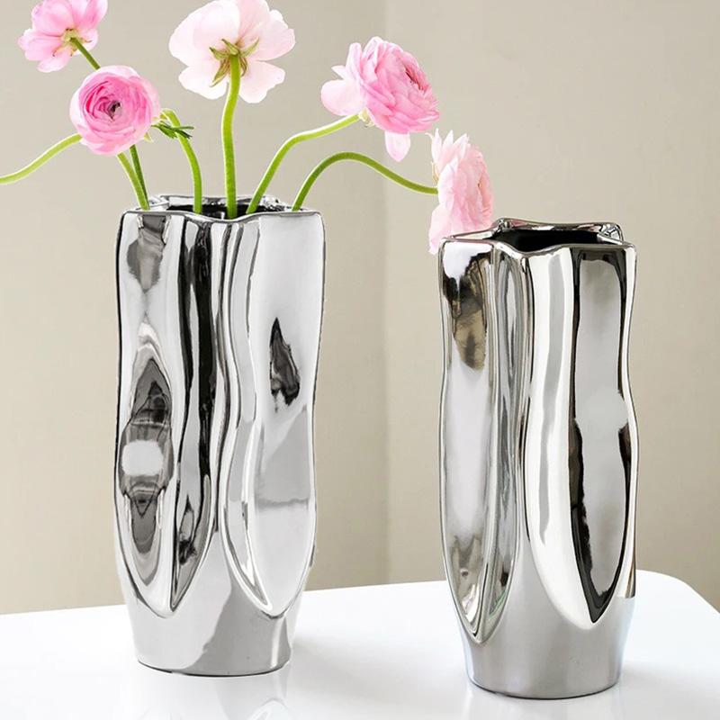 1ks Keramická interiérová umělecká dekorace Váza Luxusní galvanizovaná stříbrná Kreativní aranžování květin Hydroponická Nepravidelný porcelán