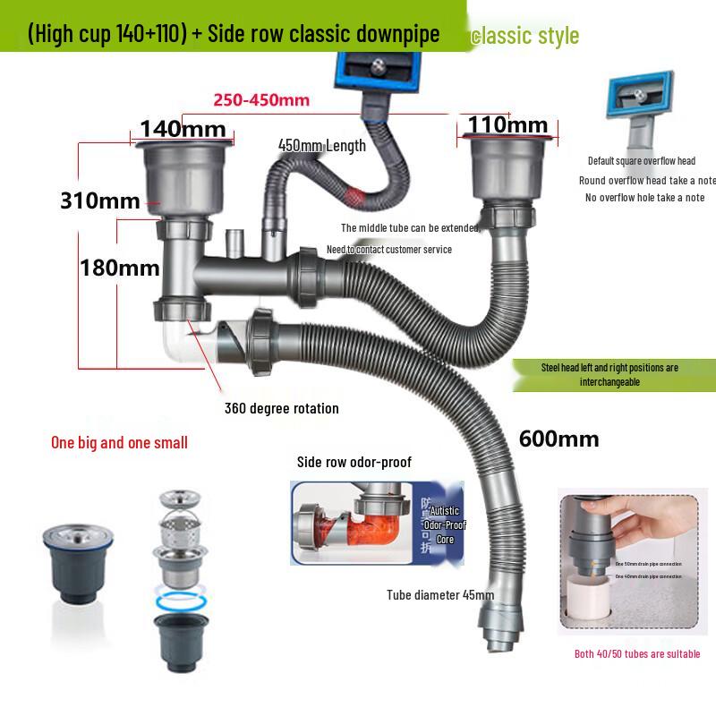 Stainless Steel Double Sink Drain Pipe Kit