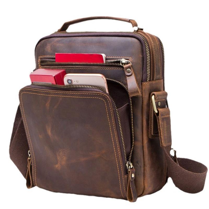 Neuer Eingang Herren Vintage Crazy Horse Rindsleder Echtleder Tasche Multifunktional Dual-Use Lässige Handtasche Schulter Crossbody Tägliche Umhängetasche