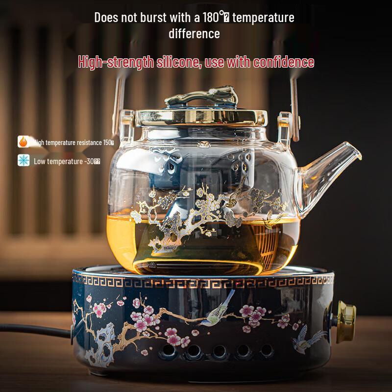 Cha Xun Joyful Plum Blossom Ruyi Handle Glass Teapot