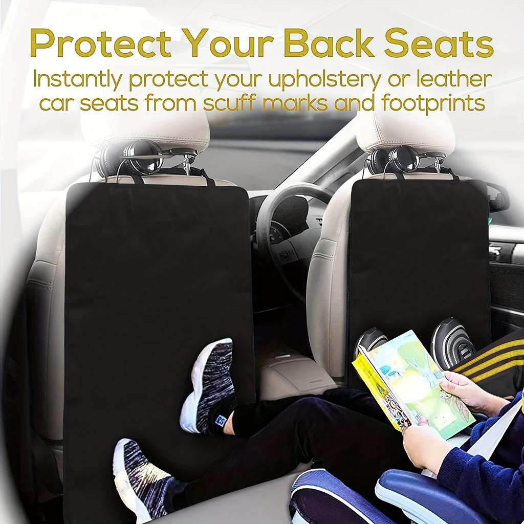 [2pcs Kick Protectors] 2pcs Auto Seat Back Kick Protectors | Large Black Car Seat Covers with White Headrests, Dirt, Mud, Stain & Scratch Protection