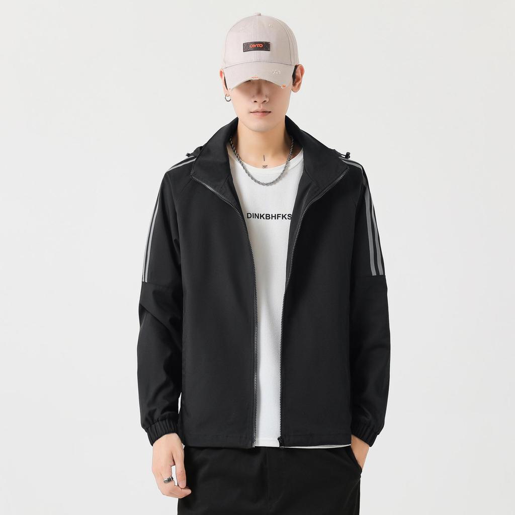 Jacket Men's Spring and Autumn Trend Hooded Casual Jacket Men's Gown Three-Bar Sports Versatile Top Jacket