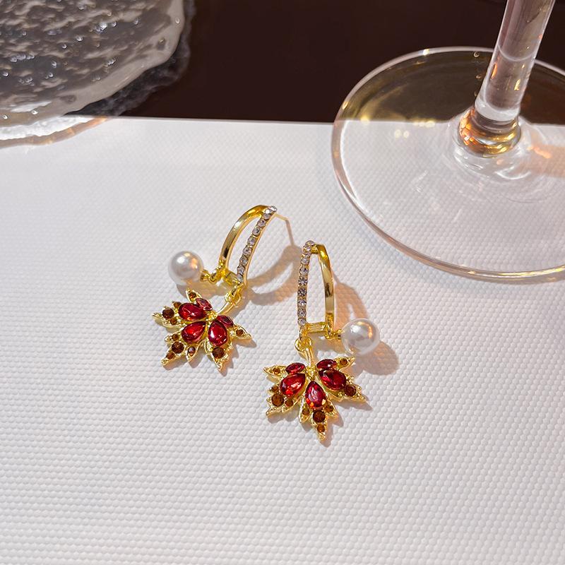 New Year'S Red Zircon Maple Leaf Fringed Earrings Full Of Diamonds Light Luxury Crystal Leaf Earrings