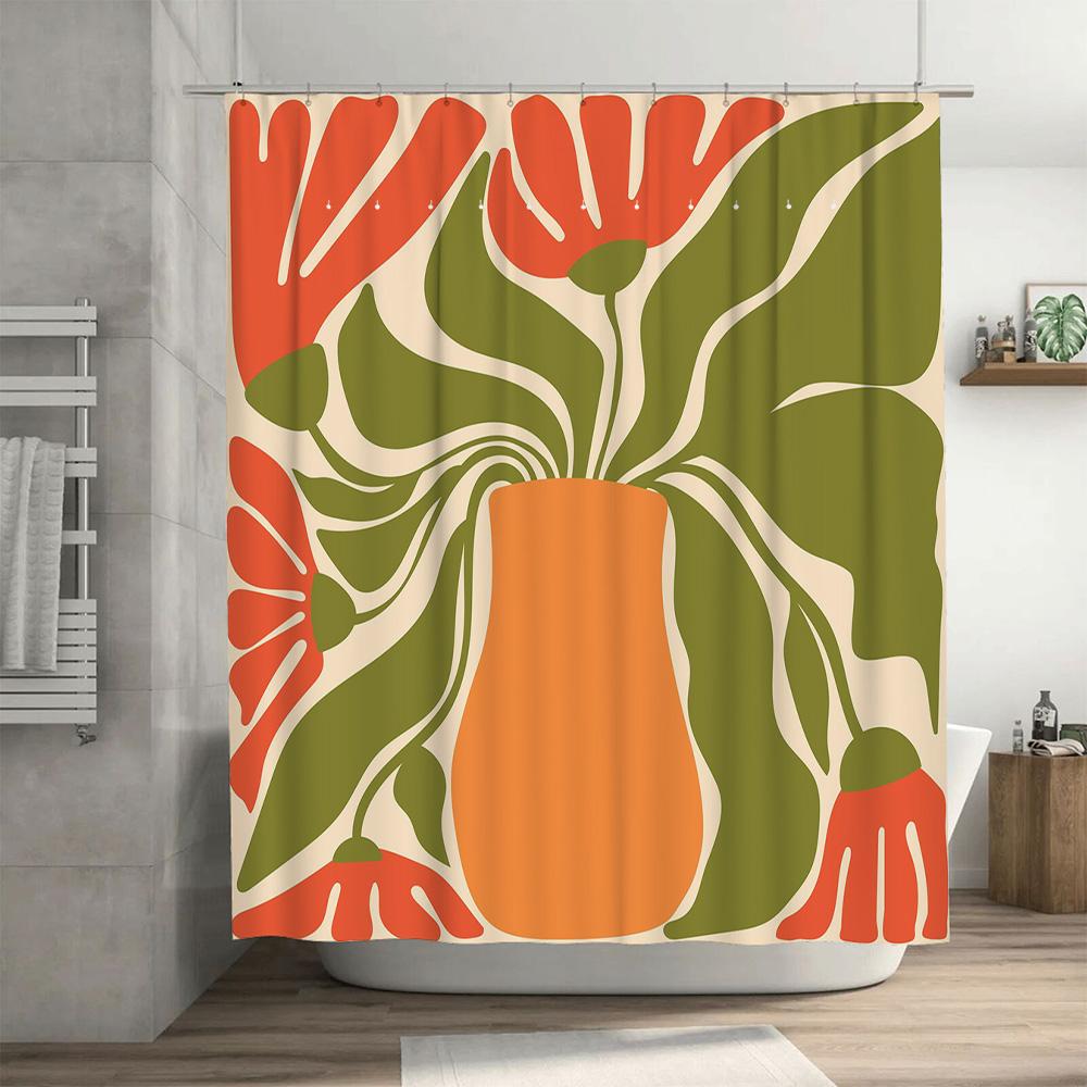 Modern Bathroom DecorFloral Shower Curtain Set with Orange Vase Design in Green Red Colors for Home Bath Decoration Size Customi