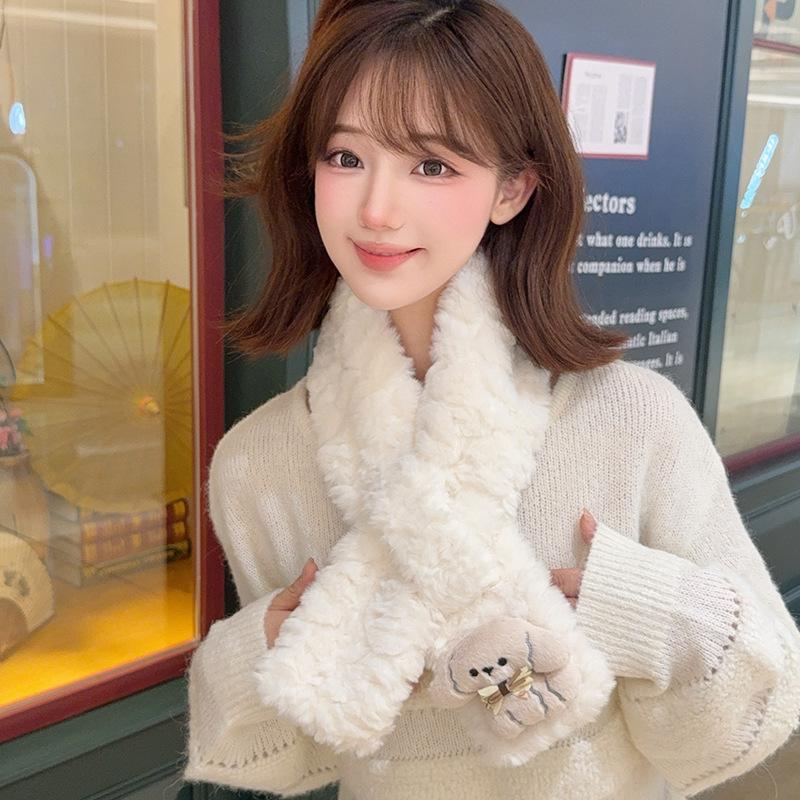 Puppy bow plush scarf female rounded corner embossed girl autumn and winter scarf Korean version student warm neck cover scarf