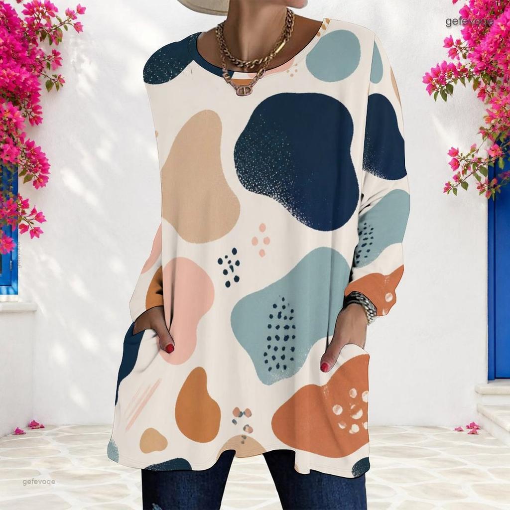 Women Plus Size Round Neck Long Sleeve Abstract Print Loose Longline T Shirt With Pockets