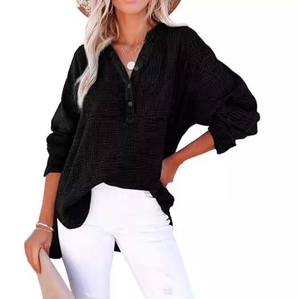 Women's V-Neck Long Sleeve Solid Color Casual Fashion Henley Blouse Shirt Top