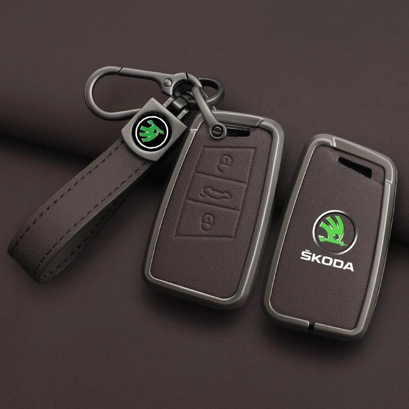 AFK1 Leather Car Remote Key Case Full Cover Protector Holder Shell Fob For Skoda Superb A7 Kodiaq Octavia A7 A8 Keychain Accessories