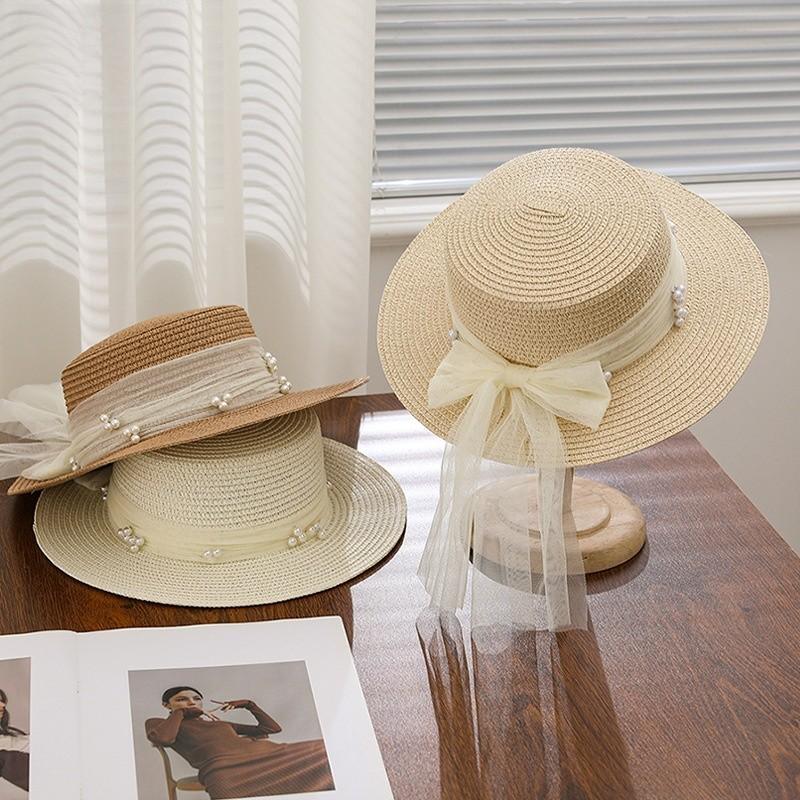 French Lace Pearl Bow Wide Brim Straw Hat For Summer Beach Sun Protection