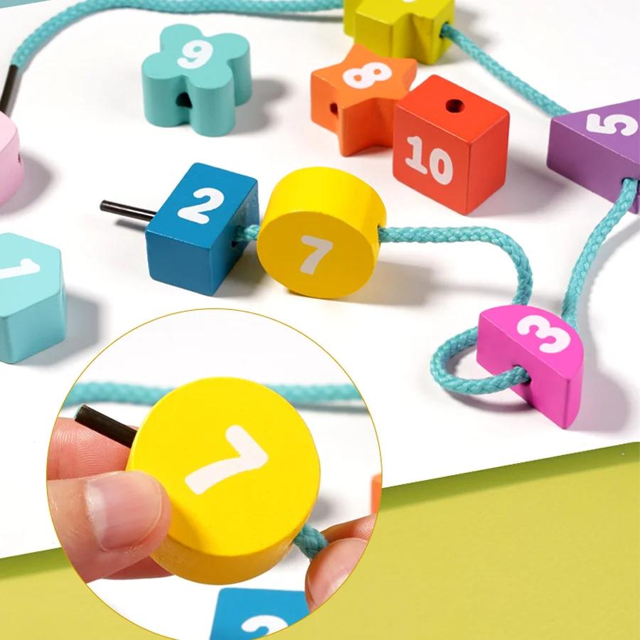 Wooden Montessori Educational Toys for Children Color Numbers Shape Learning Game Wooden Caterpillar Block Threading Board Game