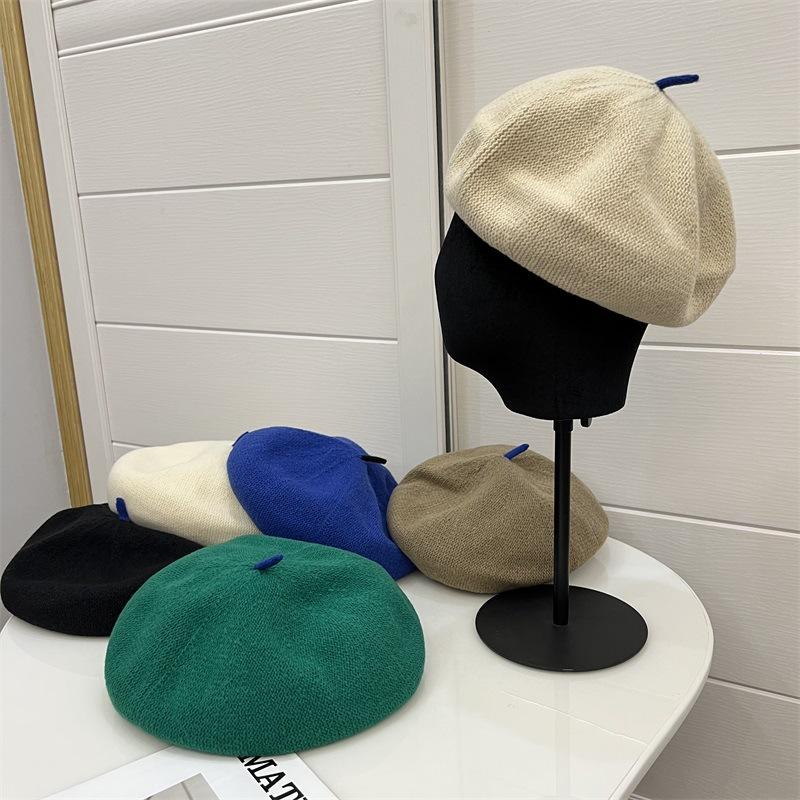 Autumn and Winter Cashmere Knitted Contrasting Colors Tweet Beret Women's Literary Fashion Elastic Sweat Belt Painter Hat