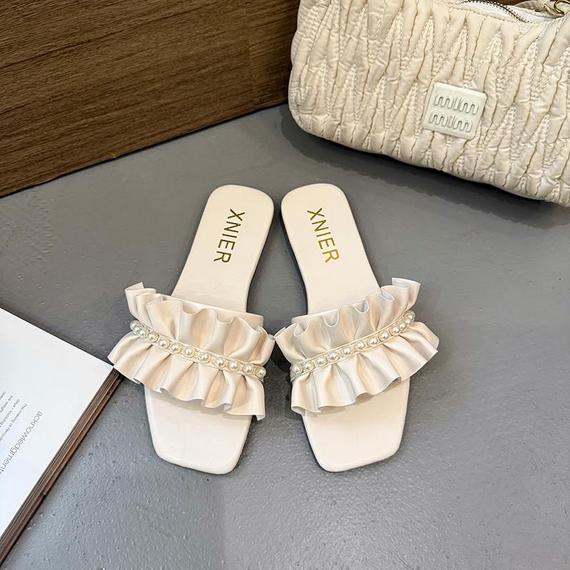 Women Slippers Flats Bead Sandals Square Toe Shoes Summer New 2025 Trend Open Toe Dress Casual Flip Flops Woman Beach Slides