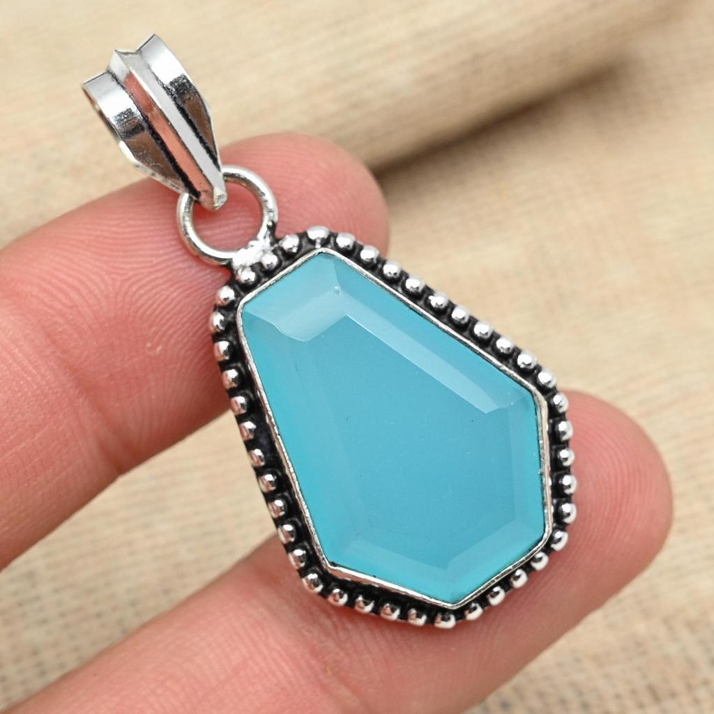 Blå kalcedon ädelsten Handgjord 925 sterling silver Minnesdagen Hänge Smycken