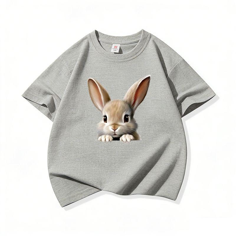 Kids Cotton T Shirt Cute Peeking Rabbit Print Crew Neck Short Sleeve Tee Casual Breathable Boys Girls Summer Tops