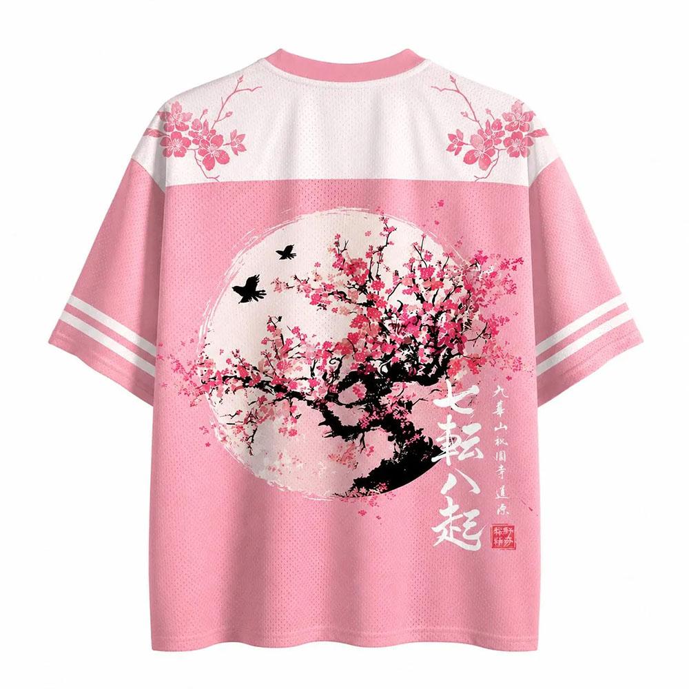 Sakura Kirschblüten Jersey Japanische Kunst Netz V-Ausschnitt Shirt Kurzarm T-Shirt Retro Blumendruck Grafik T-Shirt Oberteile für Herren Damen