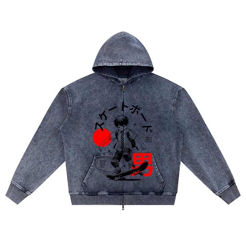 DTG Print Knitted Denim Zip-Up Hoodie Skateboarder Brother Print Zipper Hoodies  