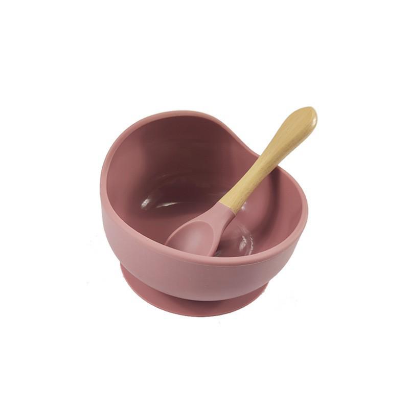 Silicone Bib & Tableware Set: Snail Bowl, Wooden Handle Spoon & Fork - Child Safe 3-Piece Feeding Kit