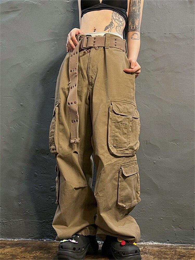 

Harajuku Y2K Уличная одежда, летние женские широкие брюки-карго с высокой талией для женщин, мешковатые брюки, женские брюки с карманами L хаки