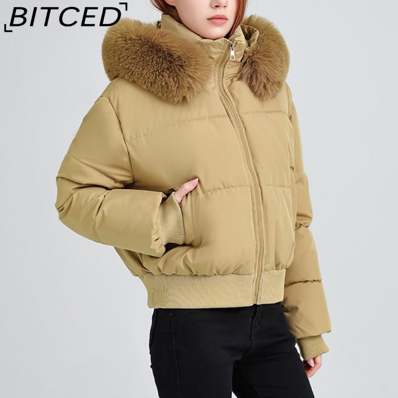 BITCED High-Waisted Oversized Fur-Trimmed Hooded Cropped Cotton Jacket for Women Autumn/Winter Down-Filled Cotton Jacket Slim-Fit Jacket Outerwear