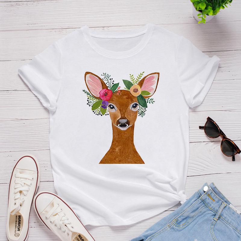 Women White Tshirt Tops Cute Cartoon Deer In The Flowers Love T Shirt Girl Fashion Harajuku T-Shirt Floral Pattern