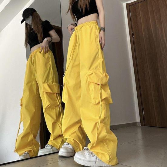 Retro Dámské Elastické Kalhoty Cargo Kalhoty s vysokým pasem Stahovací šňůrka Více kapes Rovné Široké nohavice Ležérní Dlouhé kalhoty Streetwear