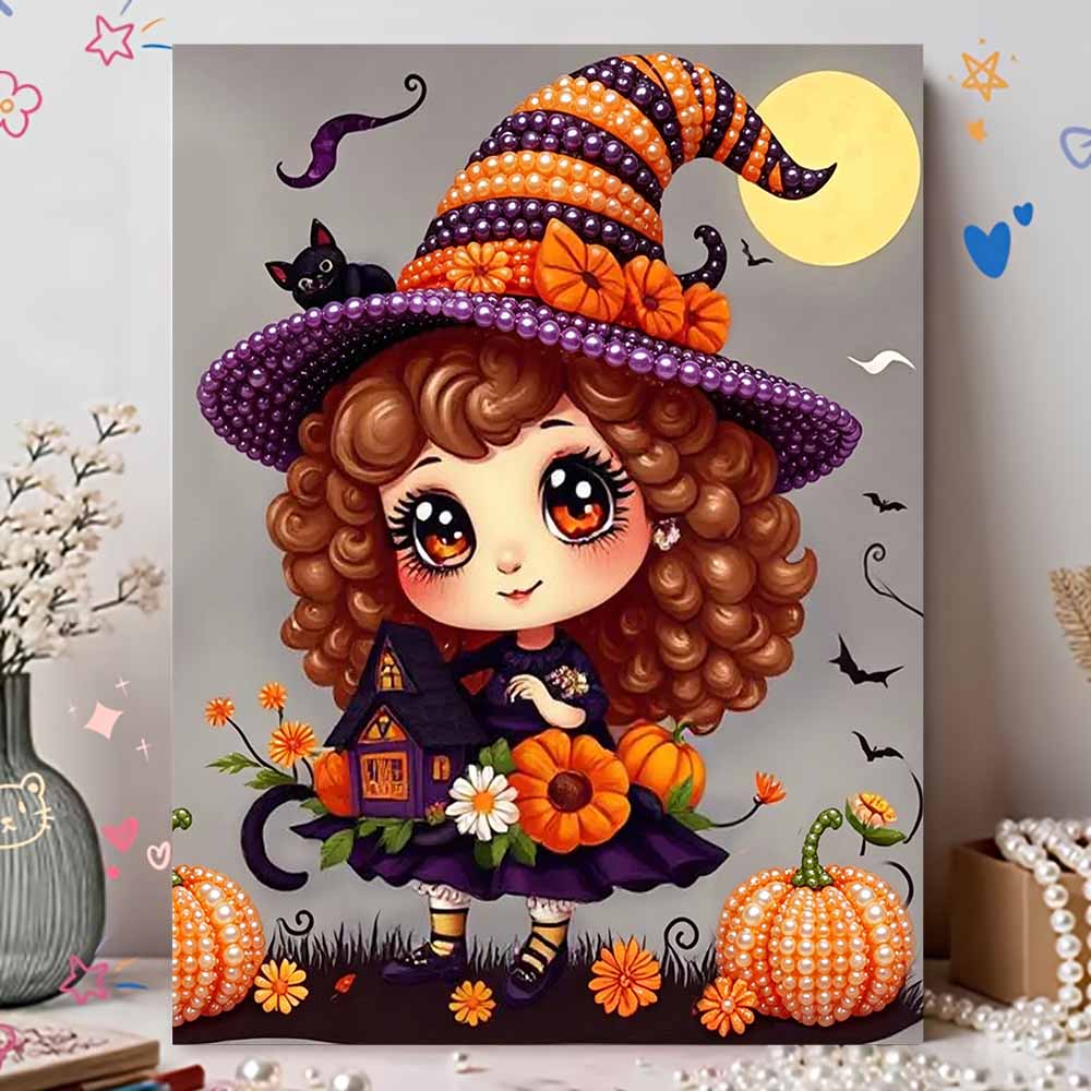 Pearl Painting DIY Kit Frameless Halloween Witch Pumpkin Pattern Shiny Bead Art Canvas Creative Wall Decor Gift Craft Home Artworks
