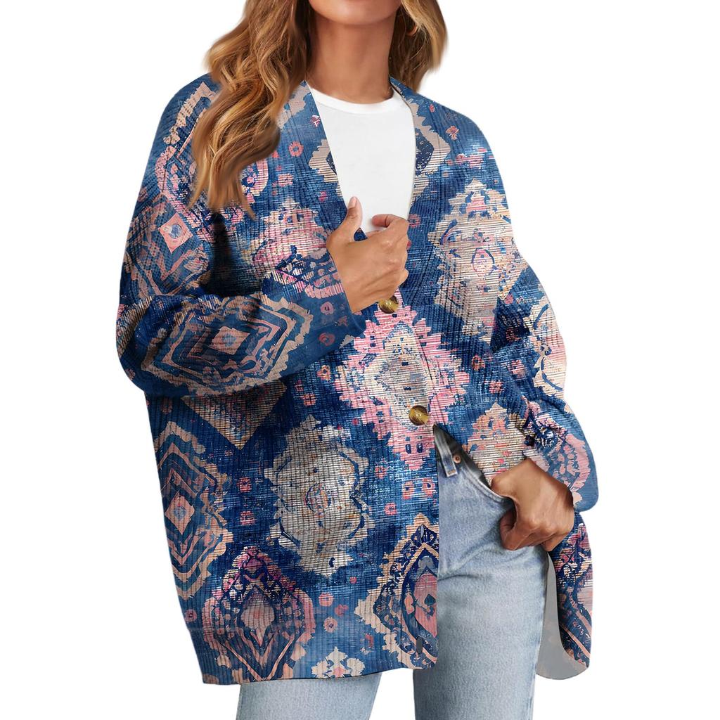 Women's Fashion Long Sleeve Print V-Neck Button Loose Cardigan Top