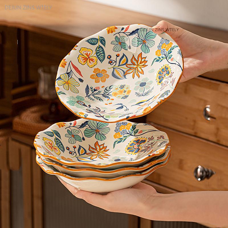 Flower Pattern Ceramic Plates Home Porcelain Tableware Exquisite Fruit Salad Plates Kitchen Accessories Dinner Plates and Dishes