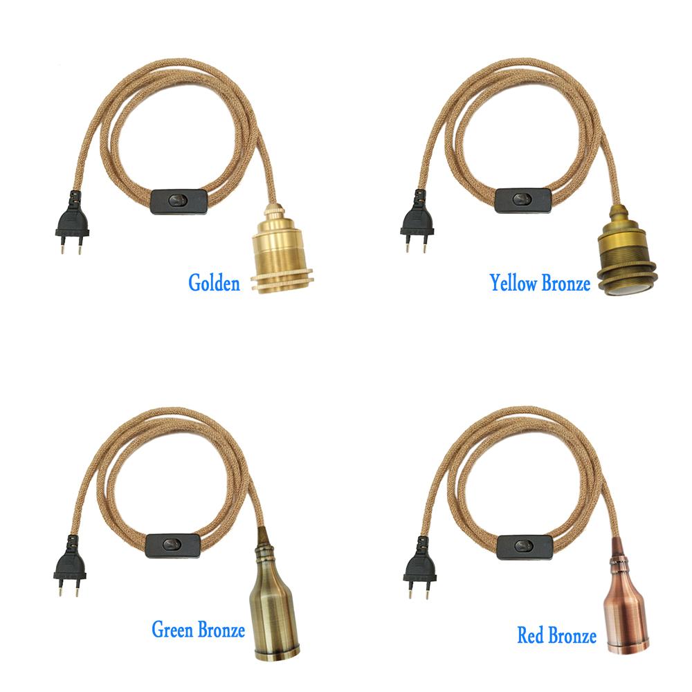 Retro Power Cords Hemp Rope Twiste Cable 2m 3m EU Plug with E26 E27 Vintage Lamp Bulb Holder for Hanging Lights
