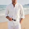 Men's Linen Stand-Up Collar Striped Shirt Spring and Autumn Casual Commuter Trend Slim-Fit Long Sleeve Shirt