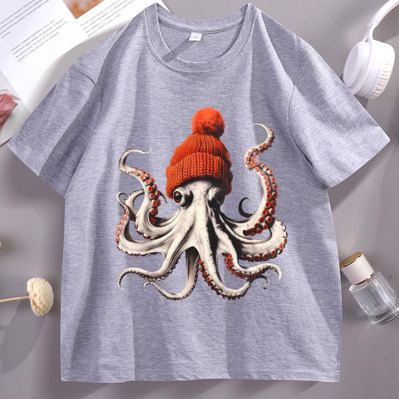2026 Hot Sale Funny Octopus Wearing Beanie Retro T-Shirt Unisex Funny T Shirt 90s Graphic Tee Cotton Short Sleeve Male Tees Y2k Clothing Top