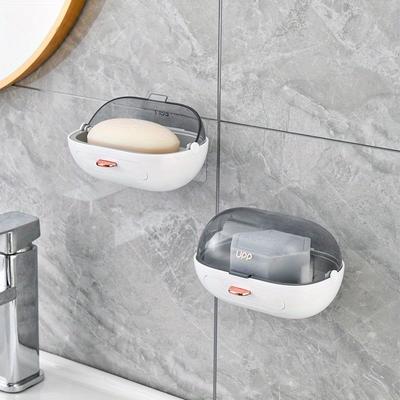 1pc Flip Cover Soap Box Household Wall Mounted Single Soap Box Punch Free Soap Box Bathroom Accessories Bathroom  And Organi