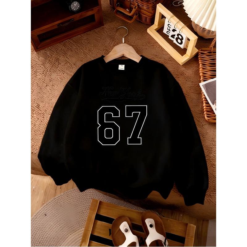Unisex Kids Black Crewneck Sweatshirt For 4-12 Boys Girls Cursive New York Top Large White Outline Number 67 Varsity Print Soft Long Sleeve Pullover