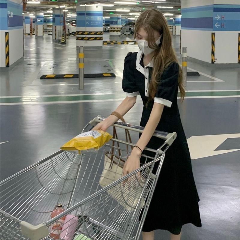 POLO Neck Bubble Sleeve Dress Women's Summer Waist Thin Korean Casual Sports Style Long Dress Gray A-shaped Skirt