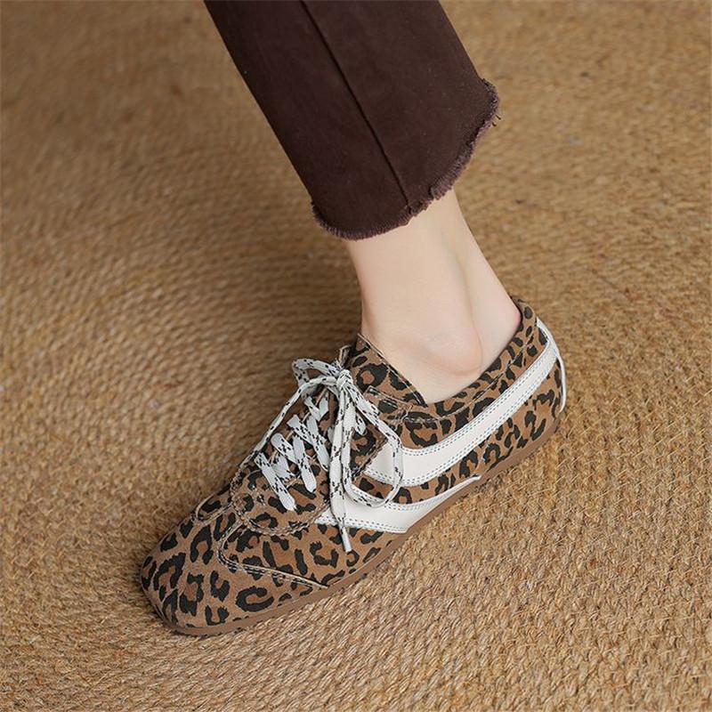Fashion New Spring Genuine Leather Woman Shoes Square Toe Women Pumps Shoes for Women Lace Loafers Low Heel Leopard Print Flat Shoes