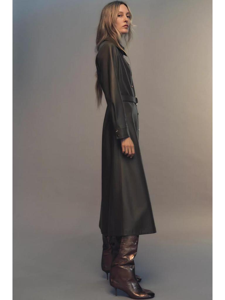 Women's 2025 Faux Leather Long-Sleeve Belted Shirt Dress – Winter Collection
