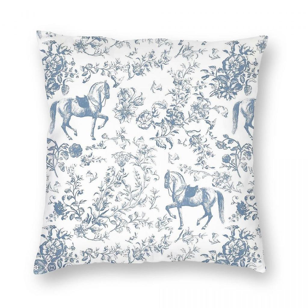 Blue Floral Toile With Horses Square Pillowcase Polyester Linen Velvet Creative Zip Decorative Sofa Seater Cushion Cover X