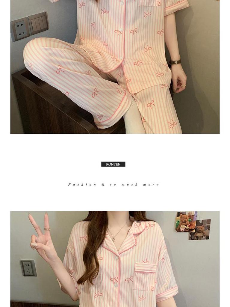 Sweet Striped Bow Print Korean Style Crinkle Pajamas Set for Women - Three-Piece, Short Sleeve Homewear.