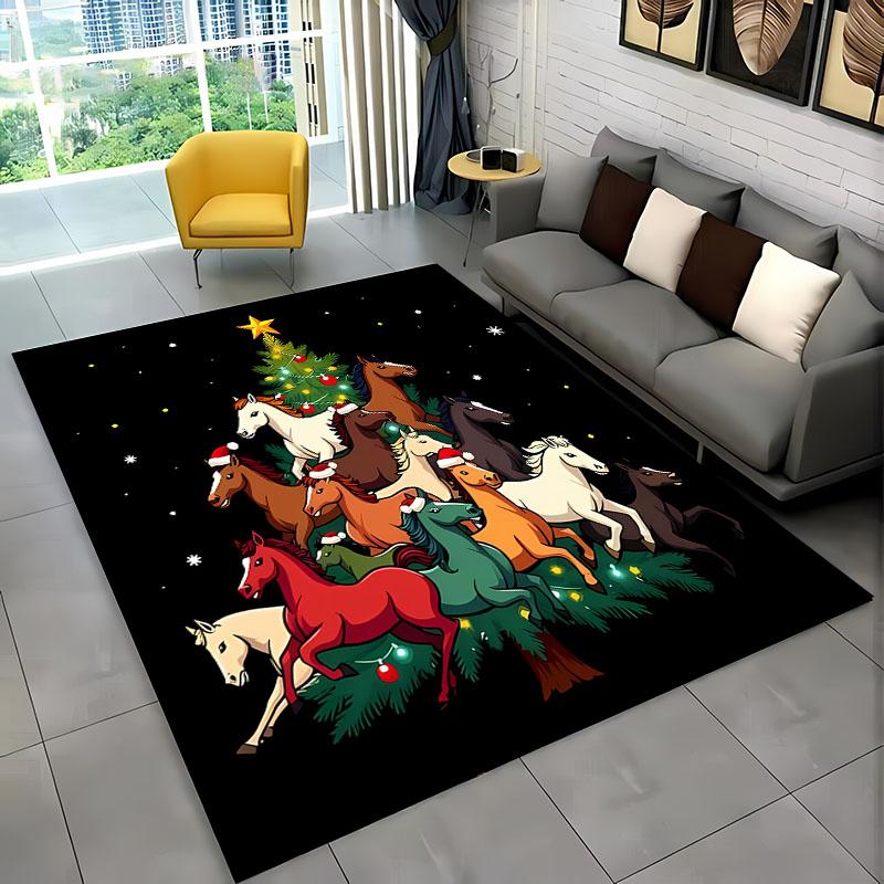 3D tištěný vánoční koberec s koněm pro domov, obývací pokoj, dětskou ložnici, pohovku, rohožka, kuchyňský podlahový koberec, protiskluzová dekorační podložka, teplý dárek