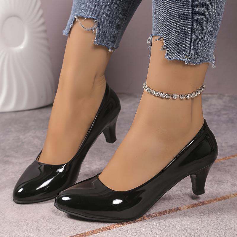 Women's Elegant Black High-Heel Pumps - Lightweight, Synthetic, Pointed Toe, Sparkling Ankle Strap, All-Season Comfort Shoes